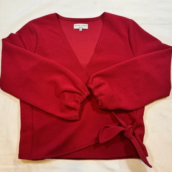 Madewell Texture & Thread Red V-Neck Wrap Blouse - Picture 1 of 11